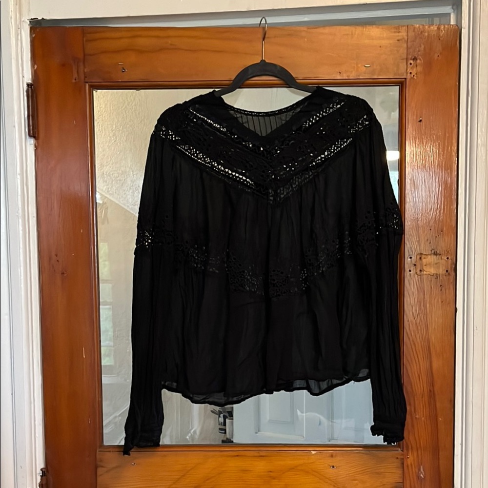 Black Long Sleeve Relaxed Blouse with Bib Collar